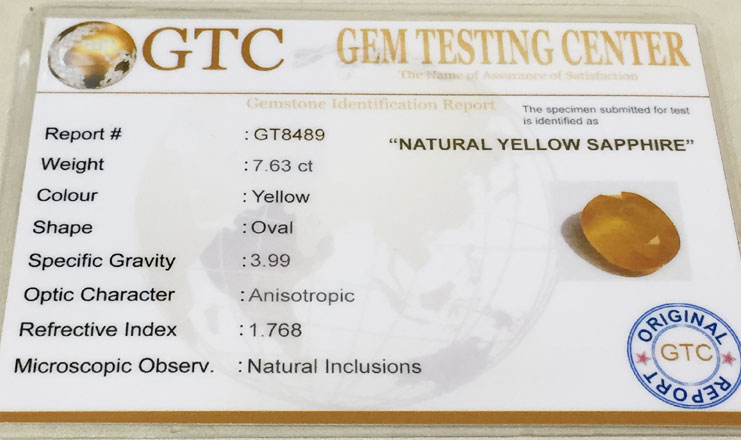 7.63 ct/8.50 ratti Natural Certified Bangkok Pukhraj/Yellow Sapphire